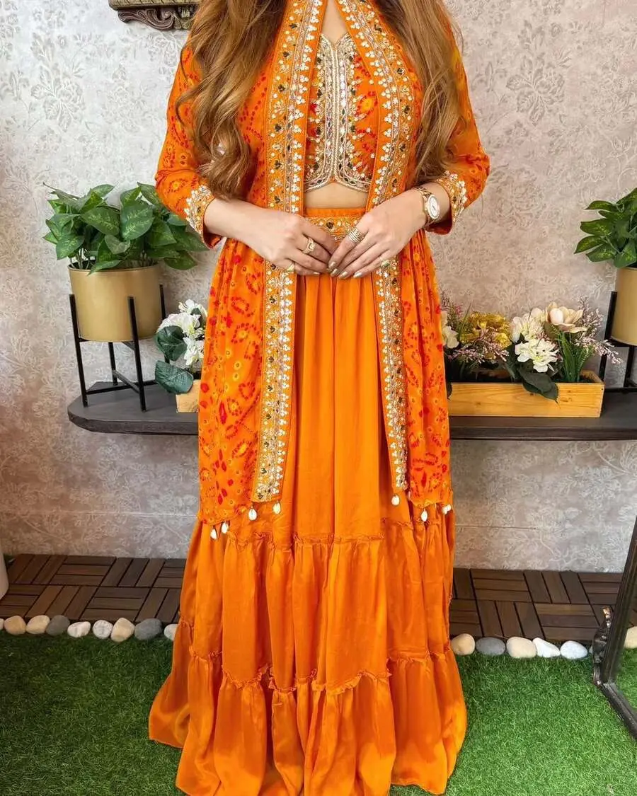 FASHIONABLE GEORGETTE EMBROIDERY SEQUENCE WORK LEHENGA CHOLI WITH KOTI SKY
