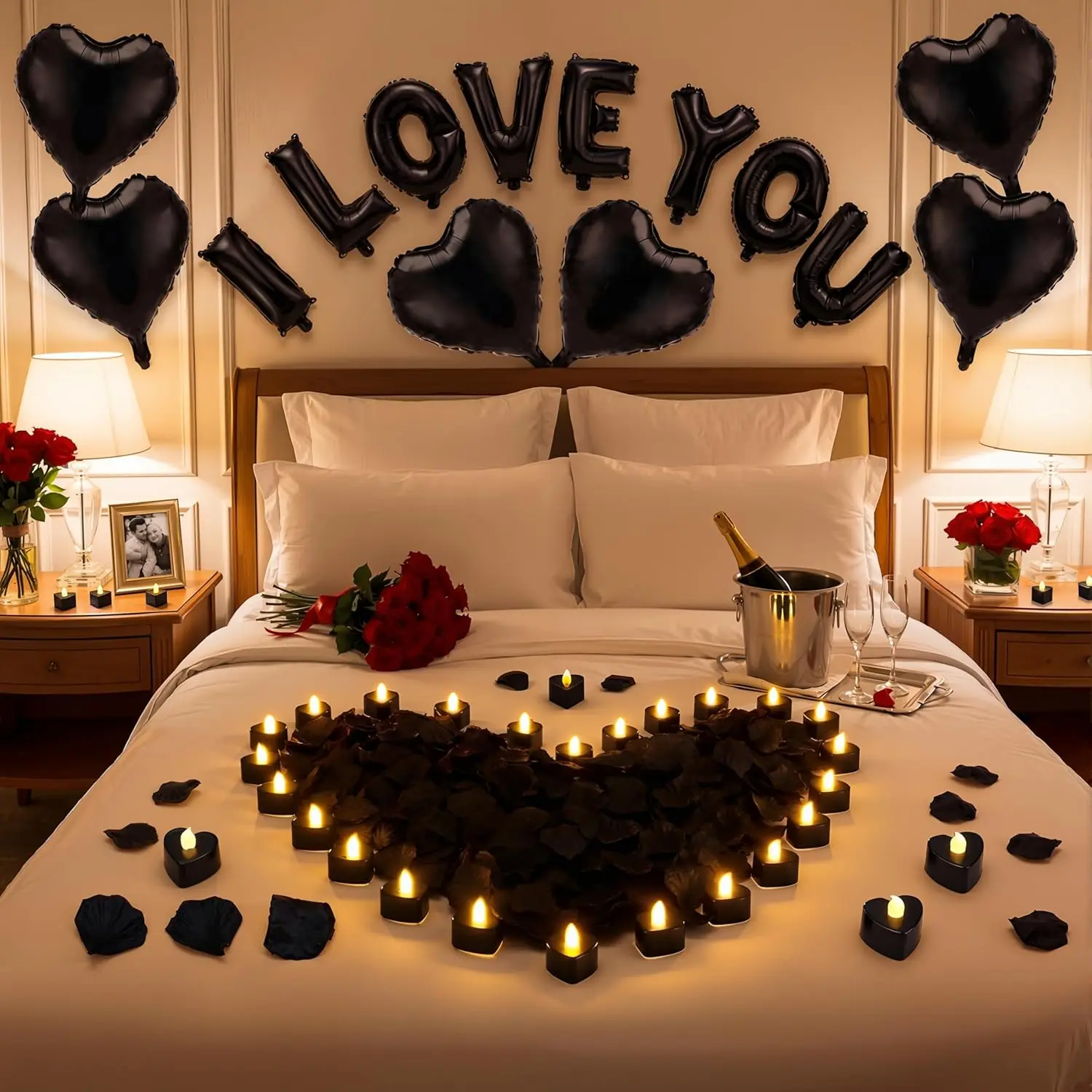 Seematn Shiny Black Romantic Room Decor Set with 16in I Love You Letter Banner, 6 Float Heart Balloons (18in), 24 Light Flameless Candles, 2000 Eye-Catching Fake Rose Petals for Party, Bridal Shower, Party Setup, Decor Kit