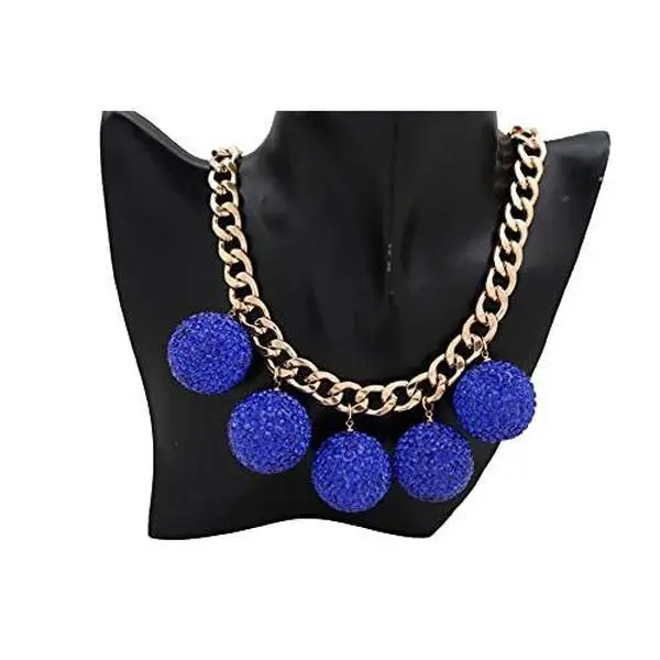 Women Fashion Gold Metal Chains Necklace Bling Jewelry Big Blue Color Disco Style Ball Pendant