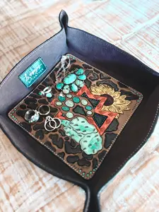 Sunflower Leopard Aztec Tooled Leather Tray – Large Cowhide Catchall