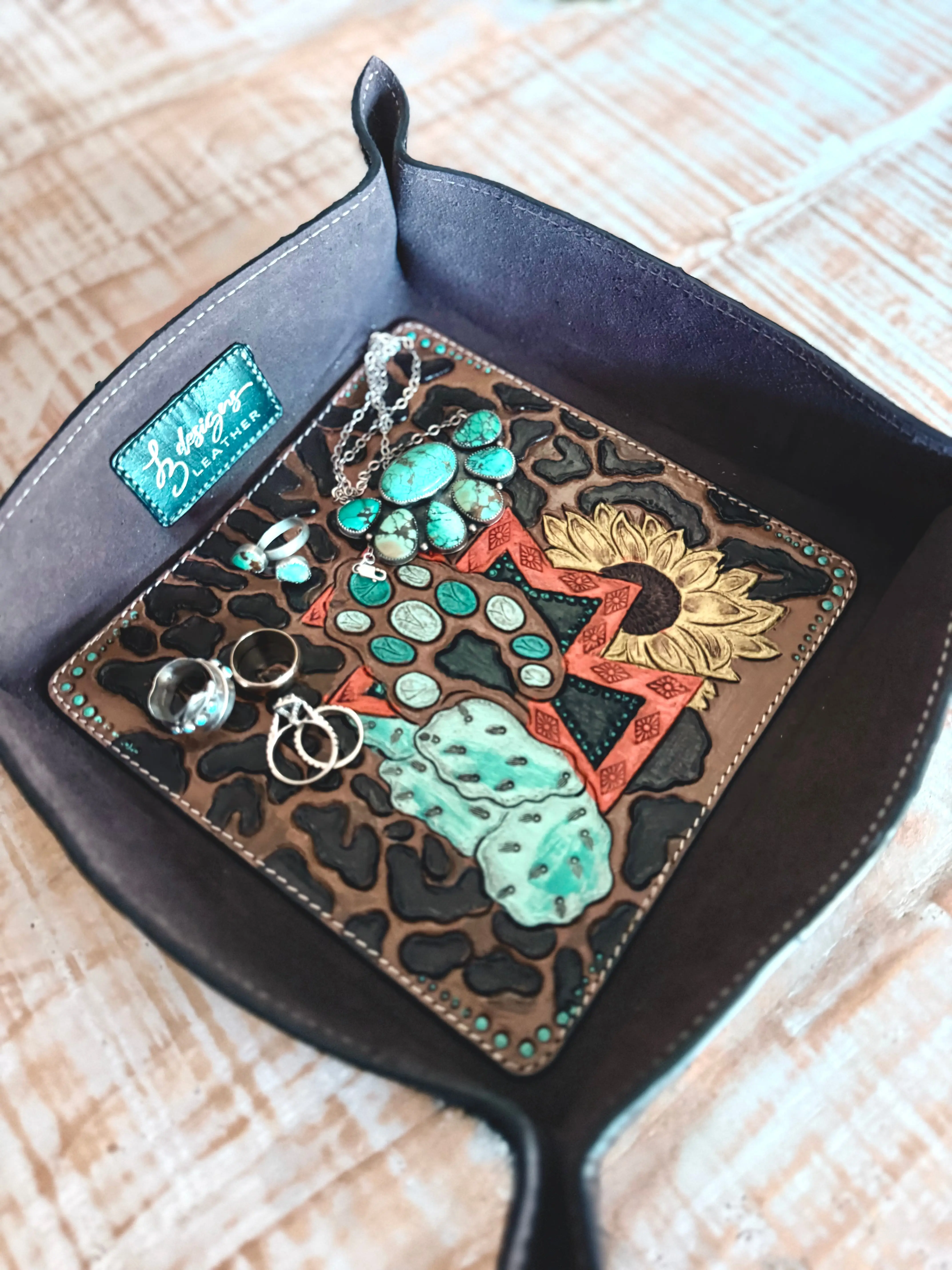 Sunflower Leopard Aztec Tooled Leather Tray – Large Cowhide Catchall
