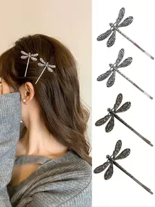 4pcs Vintage Elegant Metal Dragonfly Hair Clips, One-Prong Side Bangs Clip for Girls, Millennium Style Headwear Accessories