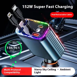 New Car Cigarette Lighter Car Super Fast Charging 120W Mobile Phone Charger Expansion Cable Built in Projection Starry Sky Top USB Interface One to Two Mobile Phone Charging Adapter Car Phone Charger Car Interior Supplies