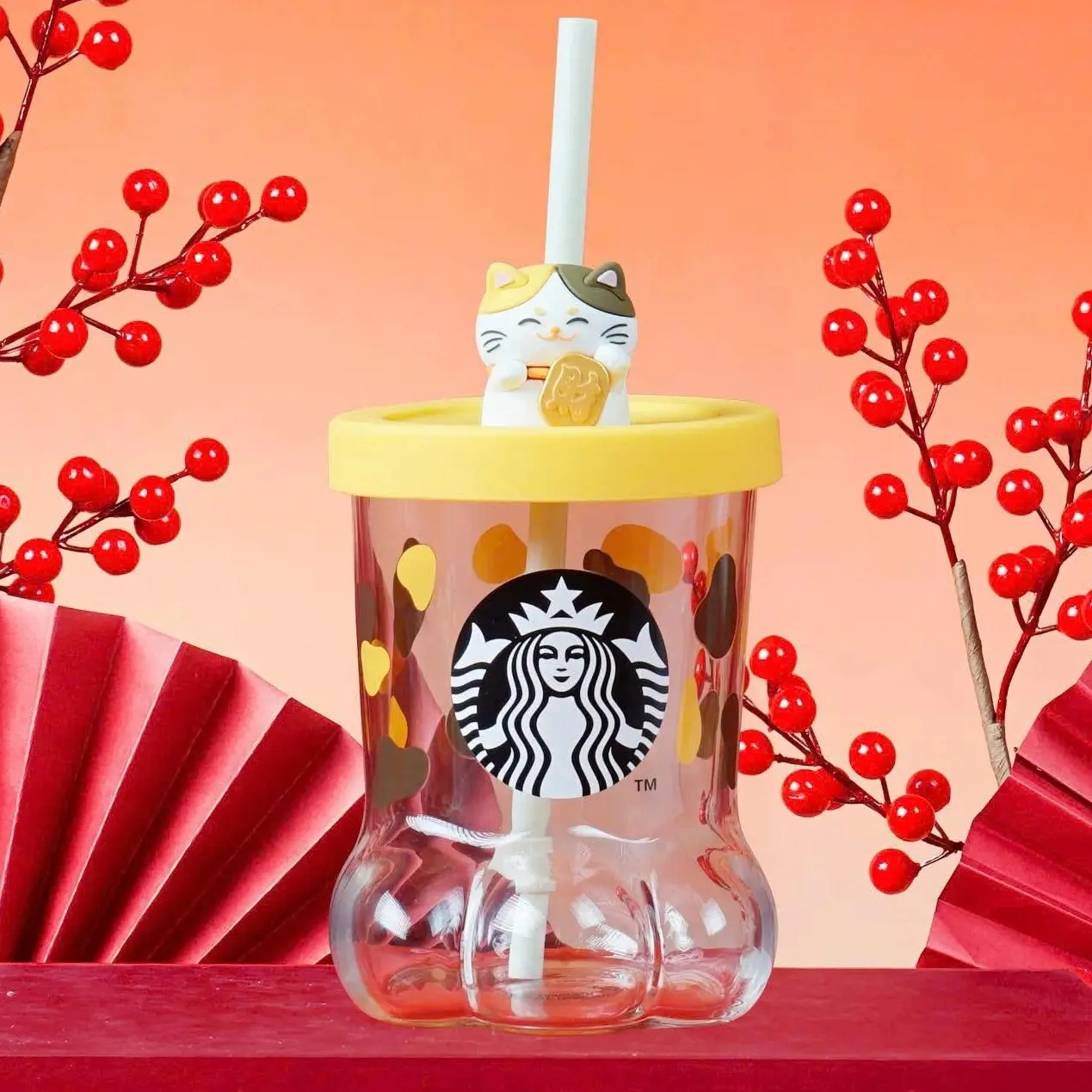 2026 Starbucks Overseas Lucky Cat Paw Glass Straw Cup- 360ml Collectible Coffee Cup Gifts