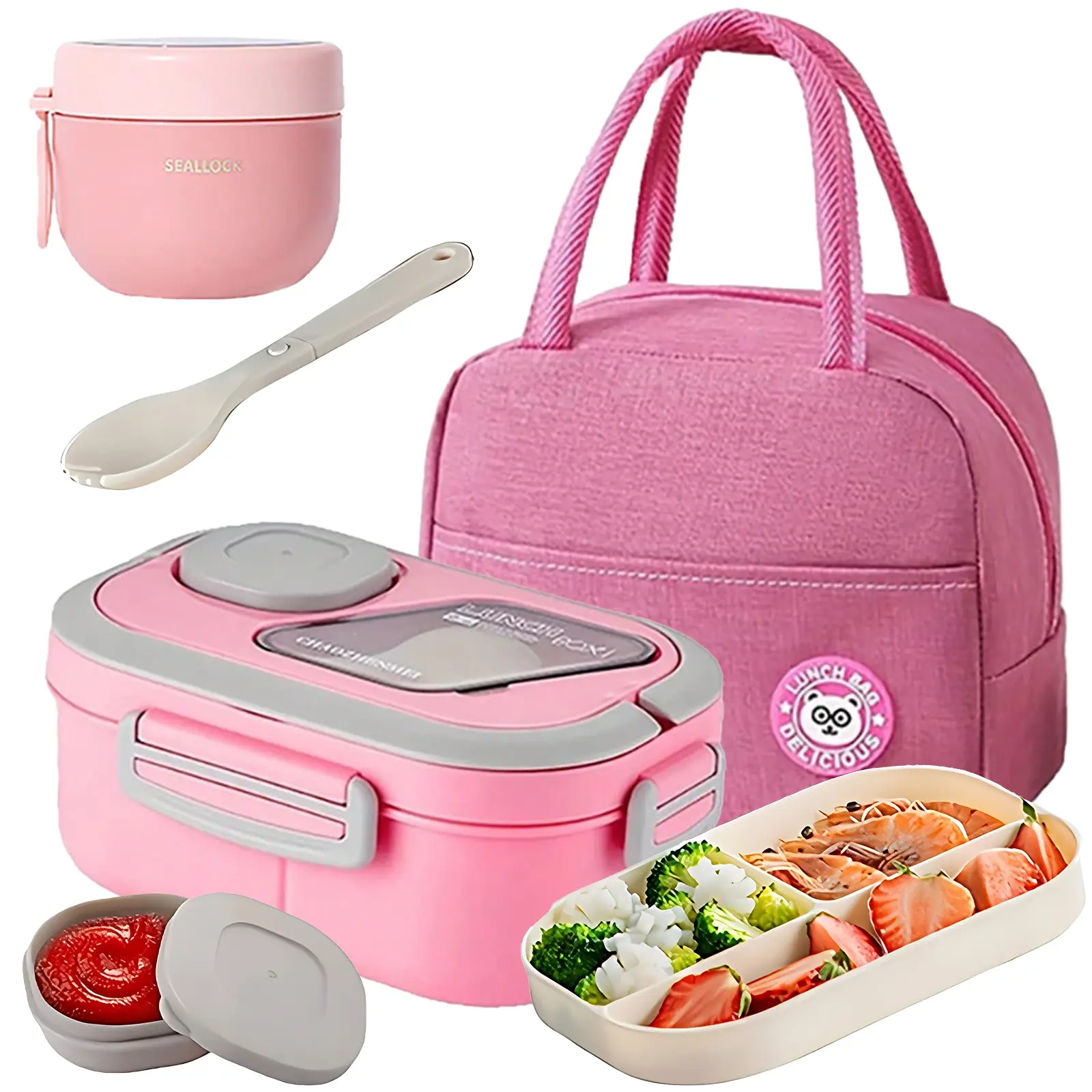 Practical BPA-Free Plastic 2-Layer Multi-Compartment Reusable Multi-Meal Lunch Box Set Pack - With Tableware, Fork, Sauce Container, Cup, Insulated Bag, Microwave-Safe for School/Work