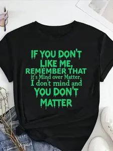 Crew Neck Statement T-Shirt Women Mind Over Matter Graphic Tee Green Text Black Top Short Sleeve T-Shirt Fashion Casual Top Summer And Spring Women'S Clothing Mother'S Day/Anniversary/Juneteenth