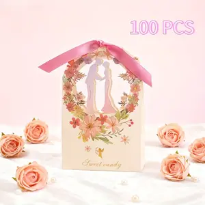 For Weddings, Bridal Showers & Valentine's Day, Wedding Gift Packing Solution, Elegant Wedding Theme Candy Boxes, With Handle Ribbon Bride Groom Pattern, Effortlessly Handle Wedding Favor Packing, 100 Pack