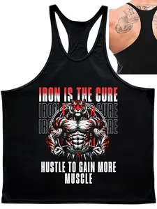 Men's Muscle Tiger Motivational Vest, Gym Training Crossback Sleeveless Sporty T-Shirt, Loose-Fitting Graphic Tee, Casual Wear