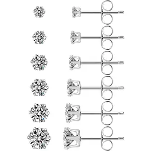 Stainless Steel Stud Earrings Set Hypoallergenic Cubic Zirconia 14K White Gold CZ Earrings for Women