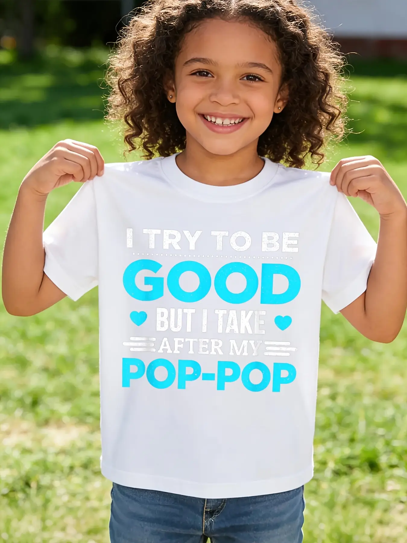 I Try To Be Good But I Take After My Pop-Pop Kids T-Shirt Two Tone Distressed Font Tiny Heart Short Sleeve Cotton White Gender Neutral Toddler Boys Girls Grandpa Matching Casual Tee