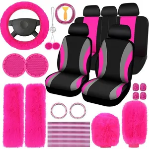 45-Piece Car Seat Covers & Interior Accessories Set, Girly Car Interior Sets: Thin Polyester Five-Seat Car Seat Covers, Plush Steering Wheel Cover, Shoulder Pads, Gear Shift Knob Cover, Cup Pads, Tire Valve Caps, Stitching Trim Strips