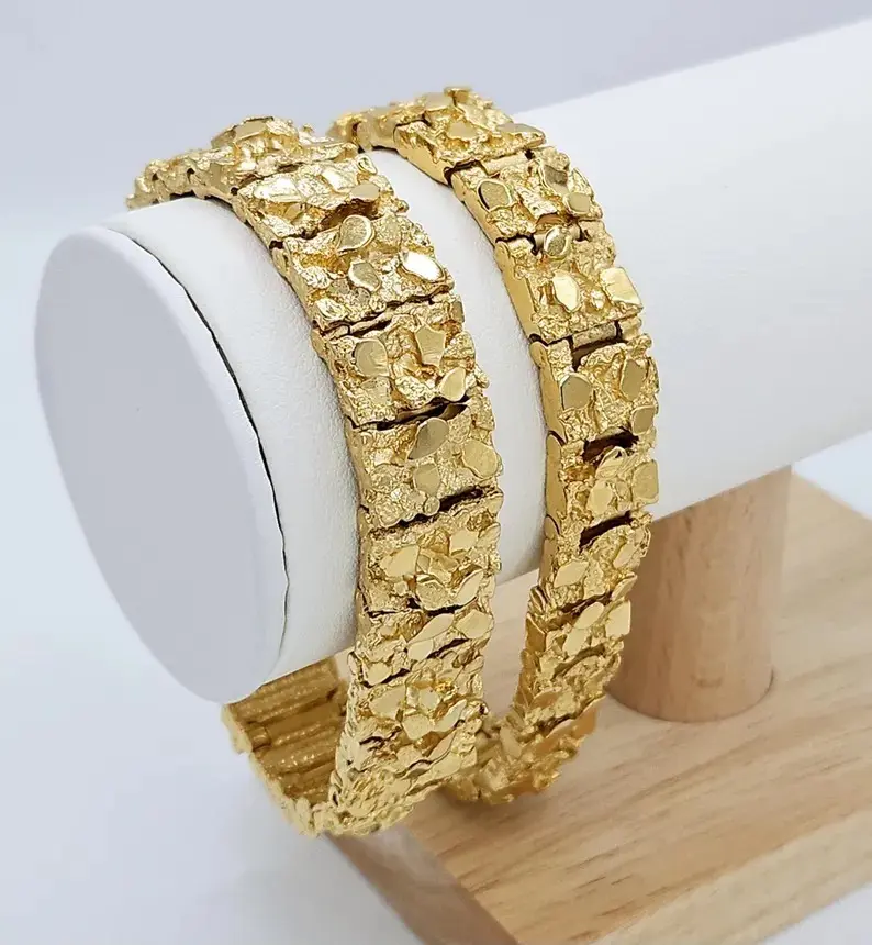 Gold Nugget Bracelet, 13mm or 15mm Width, Gold Nugget Bracelet, 14k Heavy Plated Gold, High Quality Bracelet, Lifetime Replacement Guarantee