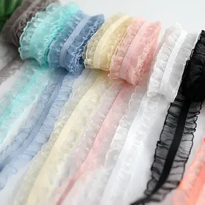 1m Elastic Colorful Lace Pleated Trim Accessories Tulle Mesh Elastic Band DIY Clothing  Decorative Material Sewing Ruffle Ribbon