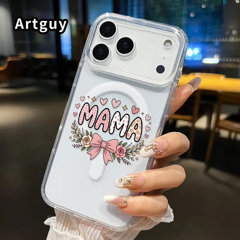 Mama's Love Charm Pattern Magnetic Phone Case for iPhone 17 16  Pro Max Plus 15 14 13 12 11 Air E Non-Yellowing Clear Crystal Drop-proof Slim Silicone Shockproof Transparent Acrylic Large Hole Cover Supports Wireless Charging
