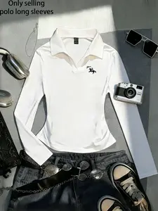Women's Y2K Gothic Polo Neck Long Sleeve Top, Slim Fit Fitted Design, Fall & Winter Fashion, Casual Style