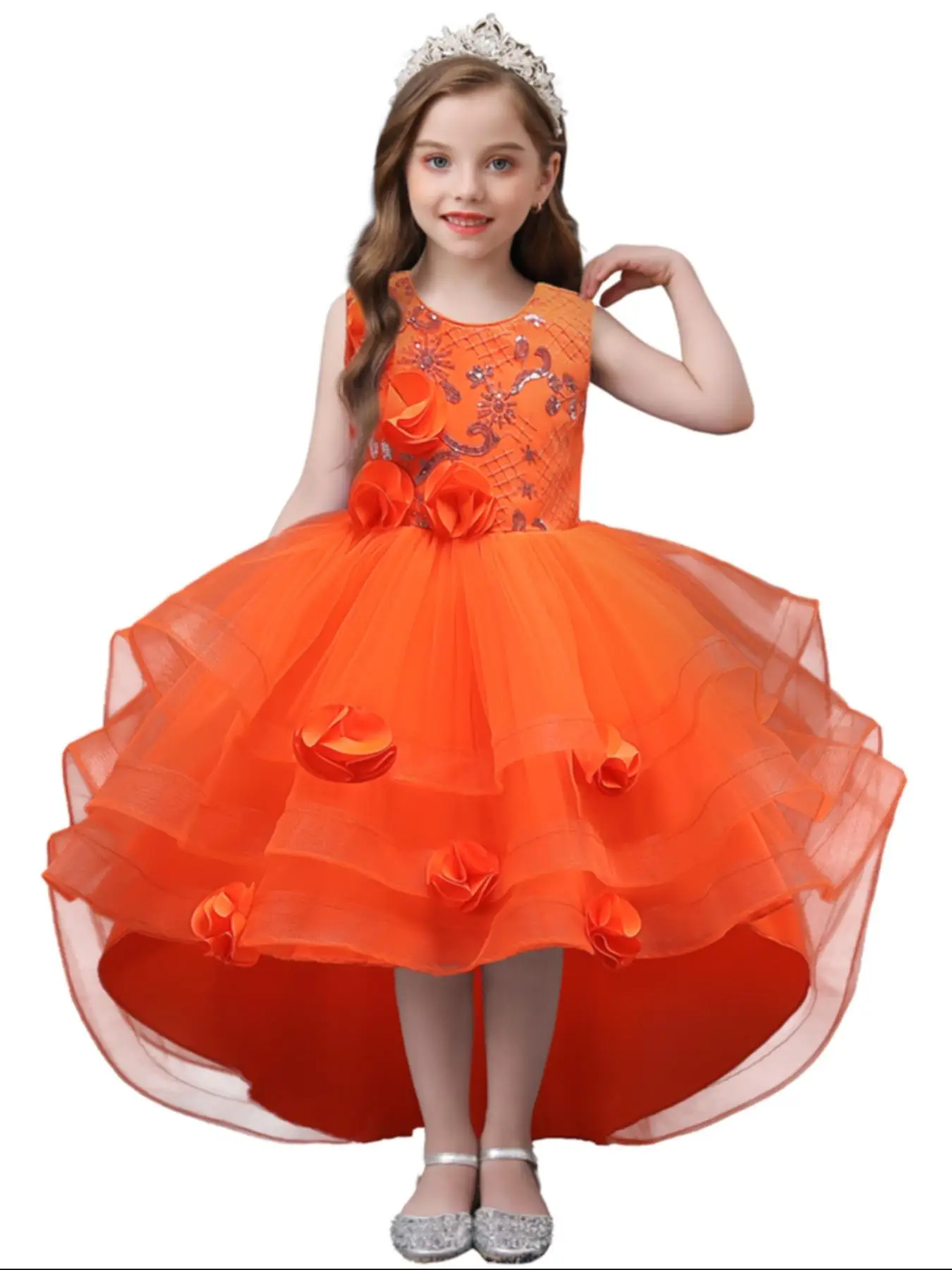 Girl's Floral Decor Tulle Dress, Elegant Sleeveless Round Neck A Line Dress for Party Performance Wedding Guest, Kids Clothes for All Seasons