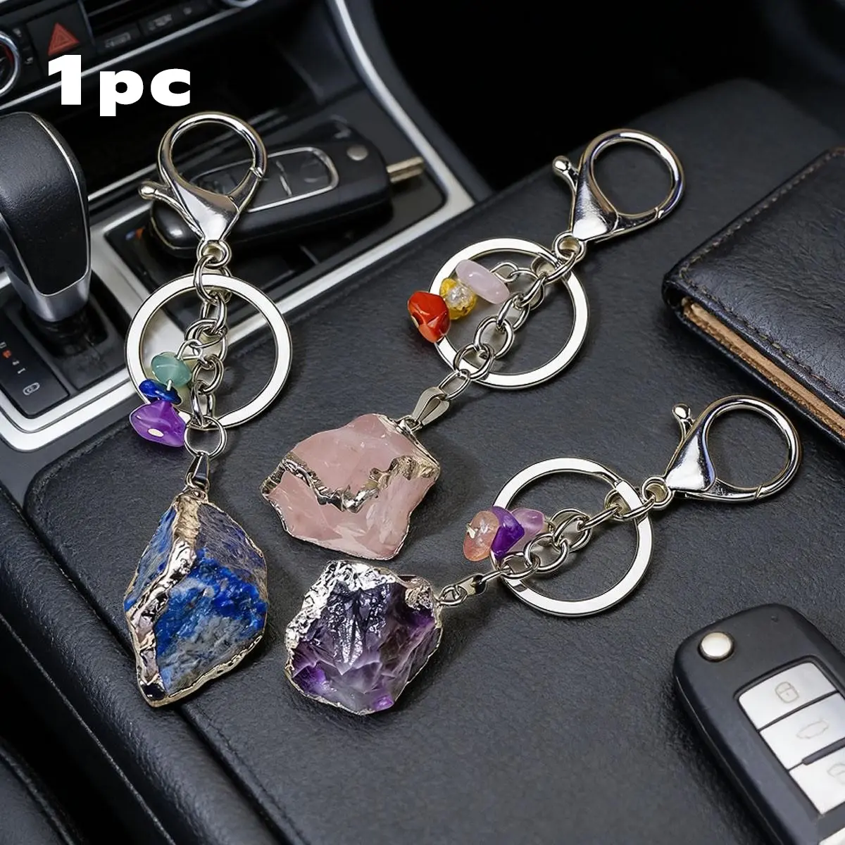 Natural Gemstone Keychain, Handmade Keychain, Clear Quartz & Amethyst Key Chain, DIY Car Key Ring, Perfect Father & Mother's Day Gift, Car Key Chains, Keychain for Car Keys