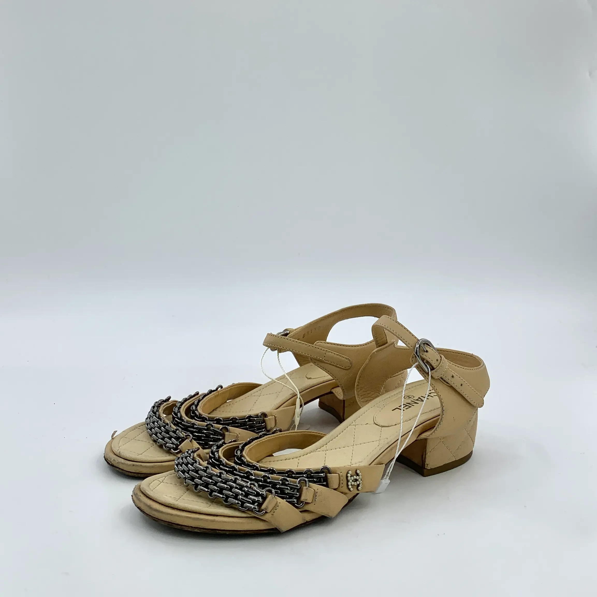 RDLT-Chanel Size 37 Light Brown Chain Single Strap Buckle Block Heel Sandals-J37677