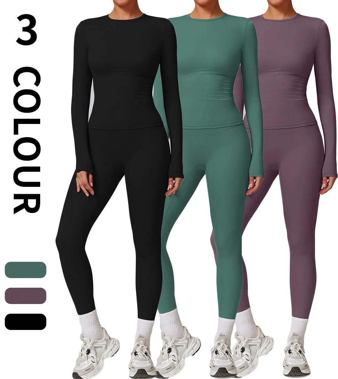 Kabuer Women's 2-Piece Compression Yoga Sports Clothing Set, Solid Long Sleeve Crew Neck Top & High-Waisted Leggings, Gym Athletic Clothes Fitness Outfits Activewear, Athletic Fashion Activewear, Two Piece Set