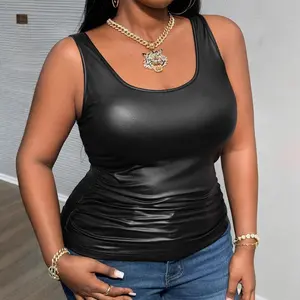 2025 Women’s Black Faux Leather Camisole, Casual Deep V-Neck Open Back Top