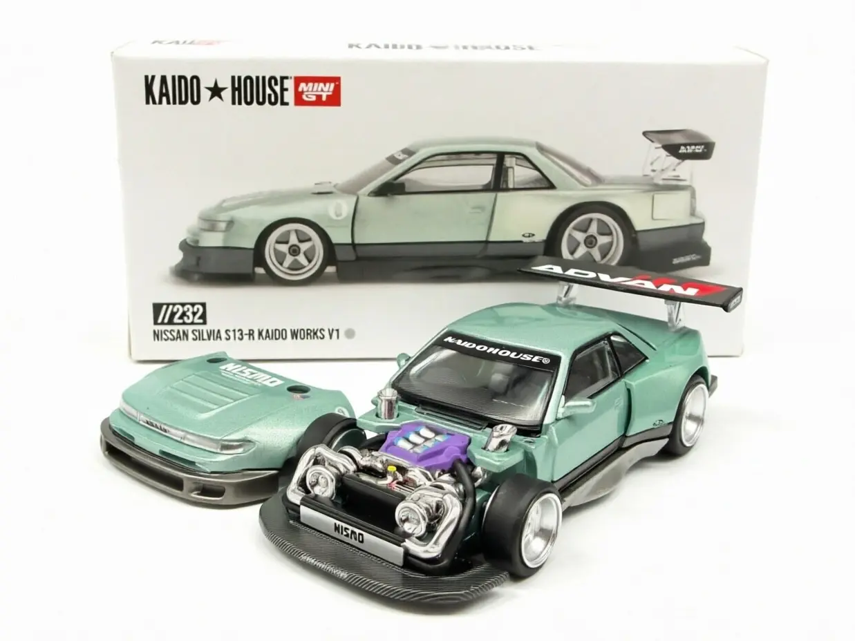 Kaido House x Mini GT 1:64 Nissan Silvia S13-R KAIDO WORKS V1 Green Diecast Model Car KHMG232-2C