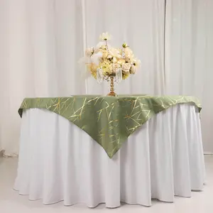 Polyester Square Overlay Tablecloth 54"x54" Dusty Sage Green with Gold Foil Tree Branch Pattern - Wrinkle-Resistant & Durable