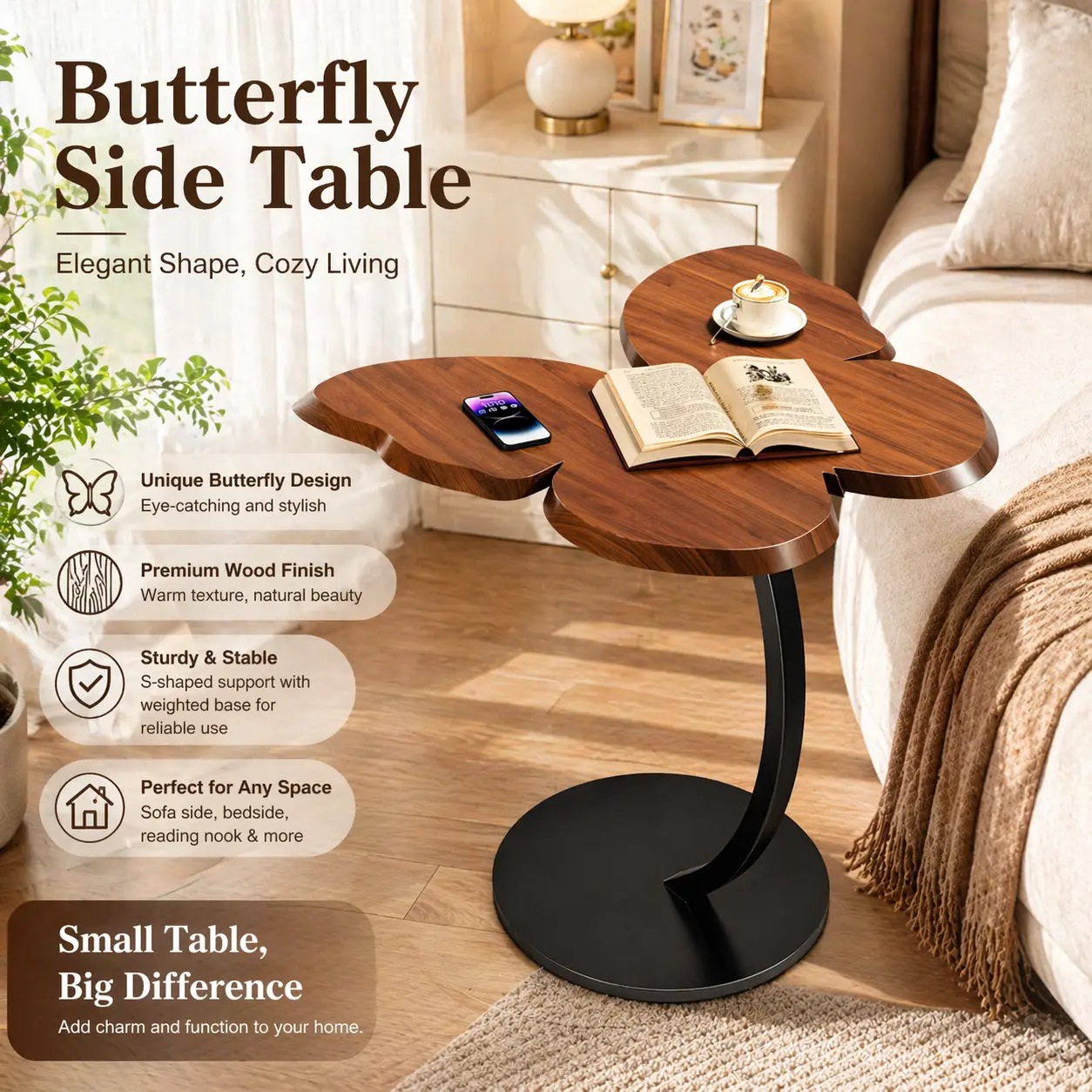 Butterfly Side Table, Modern Accent End Table with Solid Metal Base, Wood Grain Small Sofa Table for Living Room, Bedroom, Balcony, Reading Nook & Small Spaces
