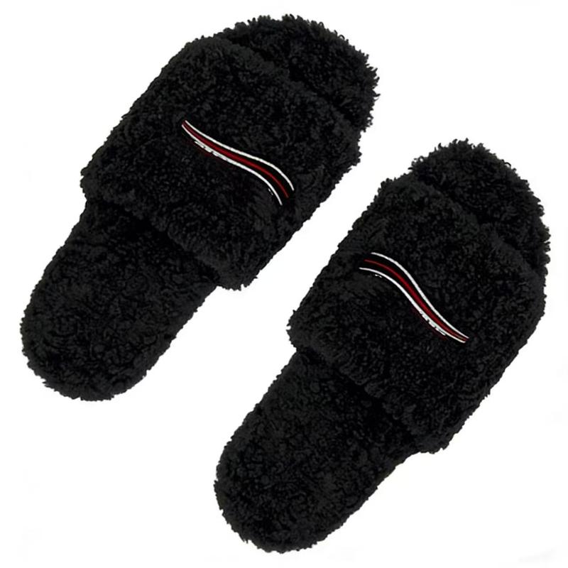 Men's & Women's Luxury Black Fuzzy Curly Fur Slide Sandals with RWB Stripe