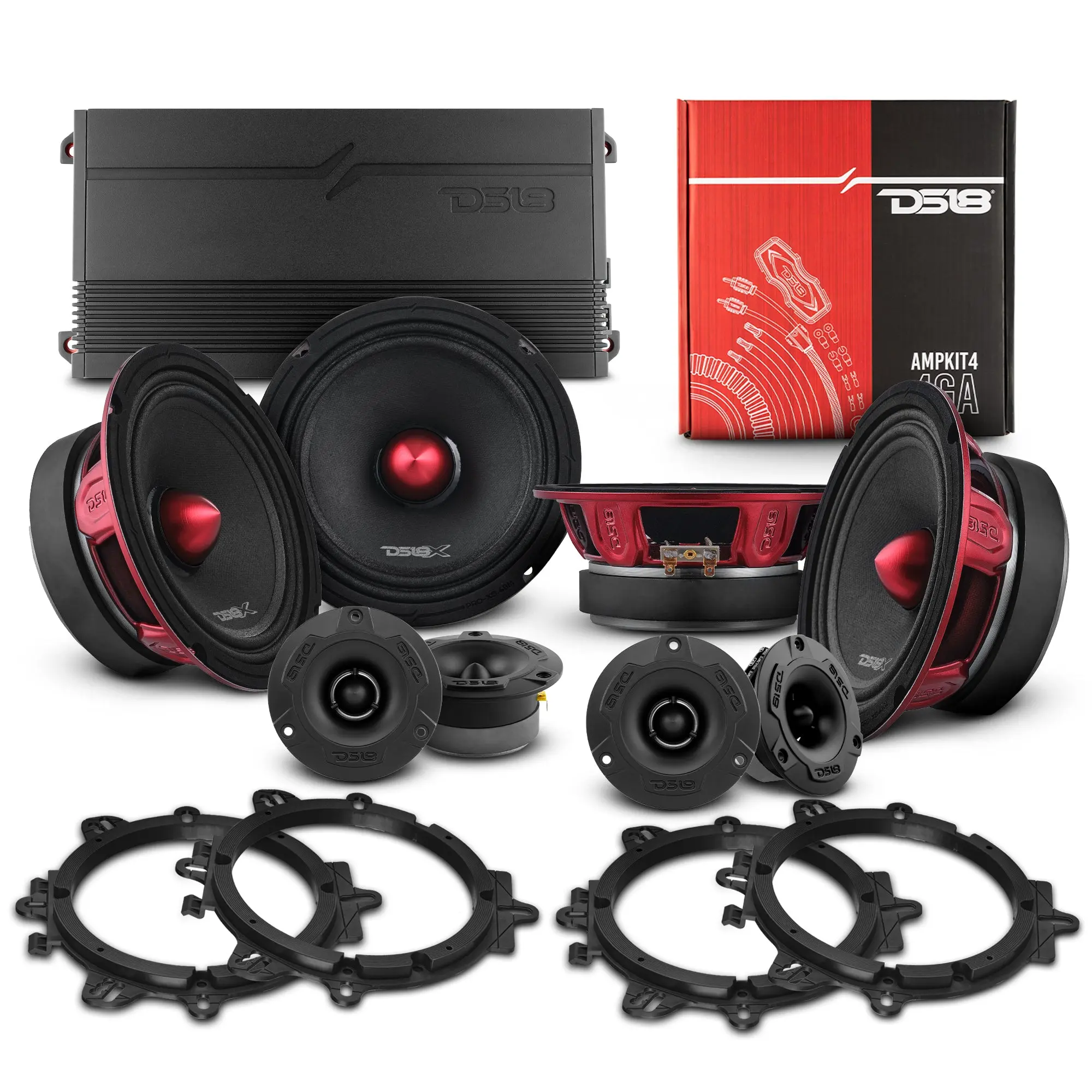 Pro Audio Bundle: 6.5" Midrange Speakers and 3.8" Bullet Tweeters with OEM Speaker Adapters, Amplifier, and Wiring Kit