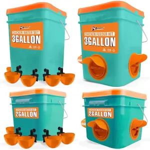 Automatic Chicken Feeder and Waterer Set(4 Buckets/2-3 gallons), Chicken Bucket Feeder Ports & Cup Waterer No Waste, Rain Proof Poultry Feeder, Avoid Small Animals, Suitable for Chicken, Duck, Turkey