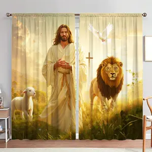 Jesus & Lion Pattern Door Curtain, Home Decoration Curtain, 1 Set Jesus & Lion Print Door Curtain, Household Textiles for Home Living Room Bedroom Decor