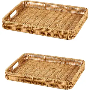 2 Pack Rectangle Rattan Serving Trays with Handles Decorative Woven Wicker Organizer Baskets Storage Tray for Coffee Table Bread Fruit Snacks