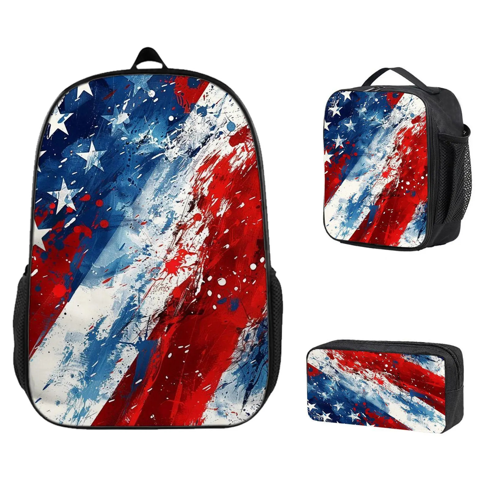 3-Piece Lightweight Casual Backpack Set - Insulated Meal Bag, Pencil Case,American Flag, Abstract Grunge Print, Patriotic Art DesignAnime gifts, children will definitely love high-quality backpacks