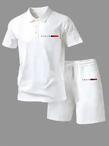 Men's Summer Casual Letter Print Quick-Dry Polo Shirt Set, Business Short Sleeve T-Shirt + Pocketed Shorts, Daily Wear, Office, Outdoor Sports