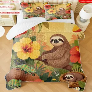 3pcs, 2D flat print Tropical Sloth & Floral Pattern Quilted Bedspread Set, multiple sizes available, bedding set, festive decorative bedding, ideal for bedroom décor(1 bedspread , 2 pillowcase)