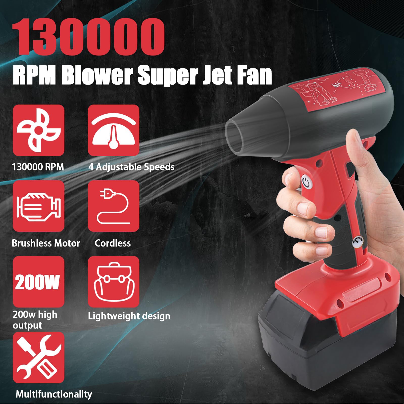 TPDL Cordless Air Blower for Milwaukee M18 18V Battery, 130000RPM Turbo Jet Fan, 4 Adjustable Speeds Portable Handheld Blower for Car Cleaning, Camping, Leaf Blowing (Tool Only, Battery Not Included)