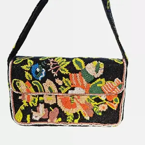 Midnight Garden Beaded Bag Women's Colorful Floral & Bird Motif on Black Background Maximalist Bohemian Folk Art Style Shoulder Bag