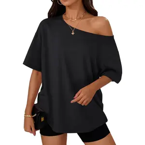 SKIKREMIO Womens Off the Shoulder Tops 2026 Summer Oversized Short Sleeve T Shirts Casual Spring Tees