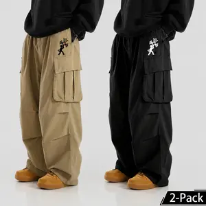 2-pack unisex Y2K street cargo pants with cross pattern print, large pockets and multiple pockets, drawstring elastic waistband, casual loose fit, comfortable breathable long pants for everyday wear in spring/summer, black khaki color, trendy cool style