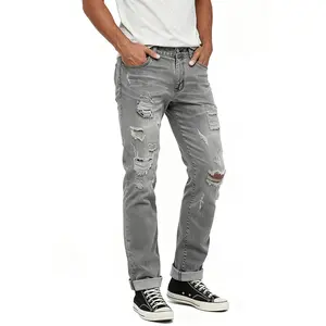 Men's Vintage - Inspired Ripped Jeans,Men's Light Wash Straight - Leg Jeans with Frayed Hems  | Rock - n - Roll Style Denim Trousers