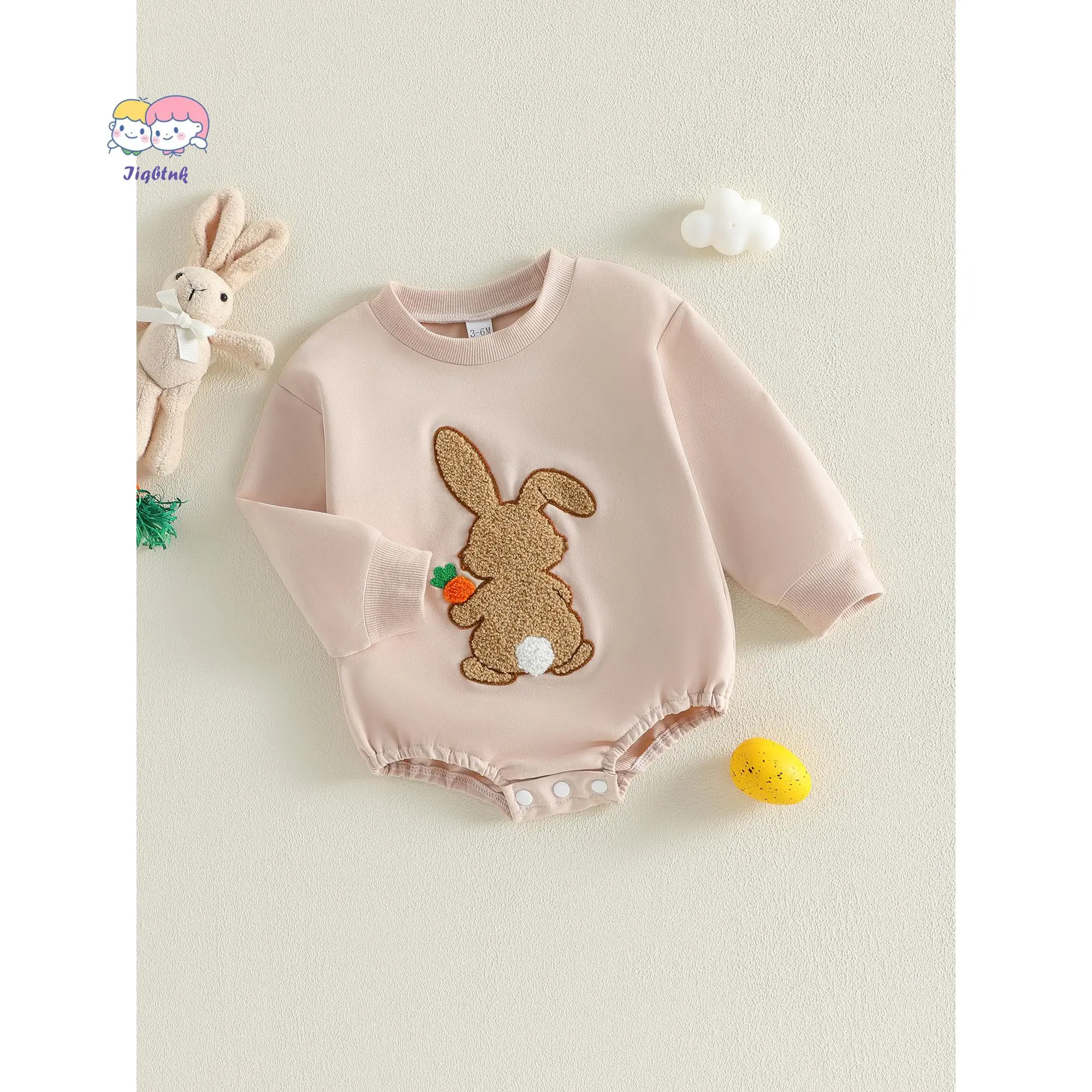 Infant Cotton Long-Sleeve Bodysuit - 100% Brand New Baby Clothing, 0-3m/3-6m/12-18m, Elastane Blend Easter Romper with Cute Bunny Print