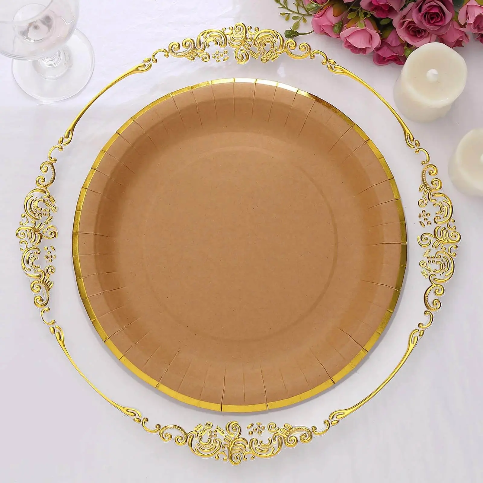 25-Pack Disposable Kraft Paper Dinner Plates, 10" Round Natural Brown with Gold-Lined Rim - Home & Party Supplies for Rustic, Vintage Inspired Weddings & Events, Wedding
