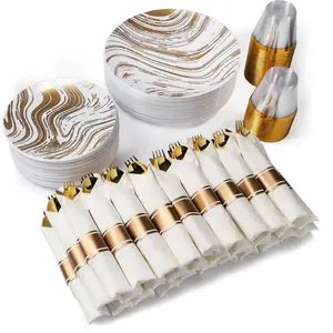 MONEST 350Pcs Gold Plastic Silverware Set for 50 Guests, Disposable Dinnerware Set includes: 50 Pre Rolled Napkins with Utensils, 50 Dinner Plates, 50 Dessert Plates, 50 Cups (Gold Wave)