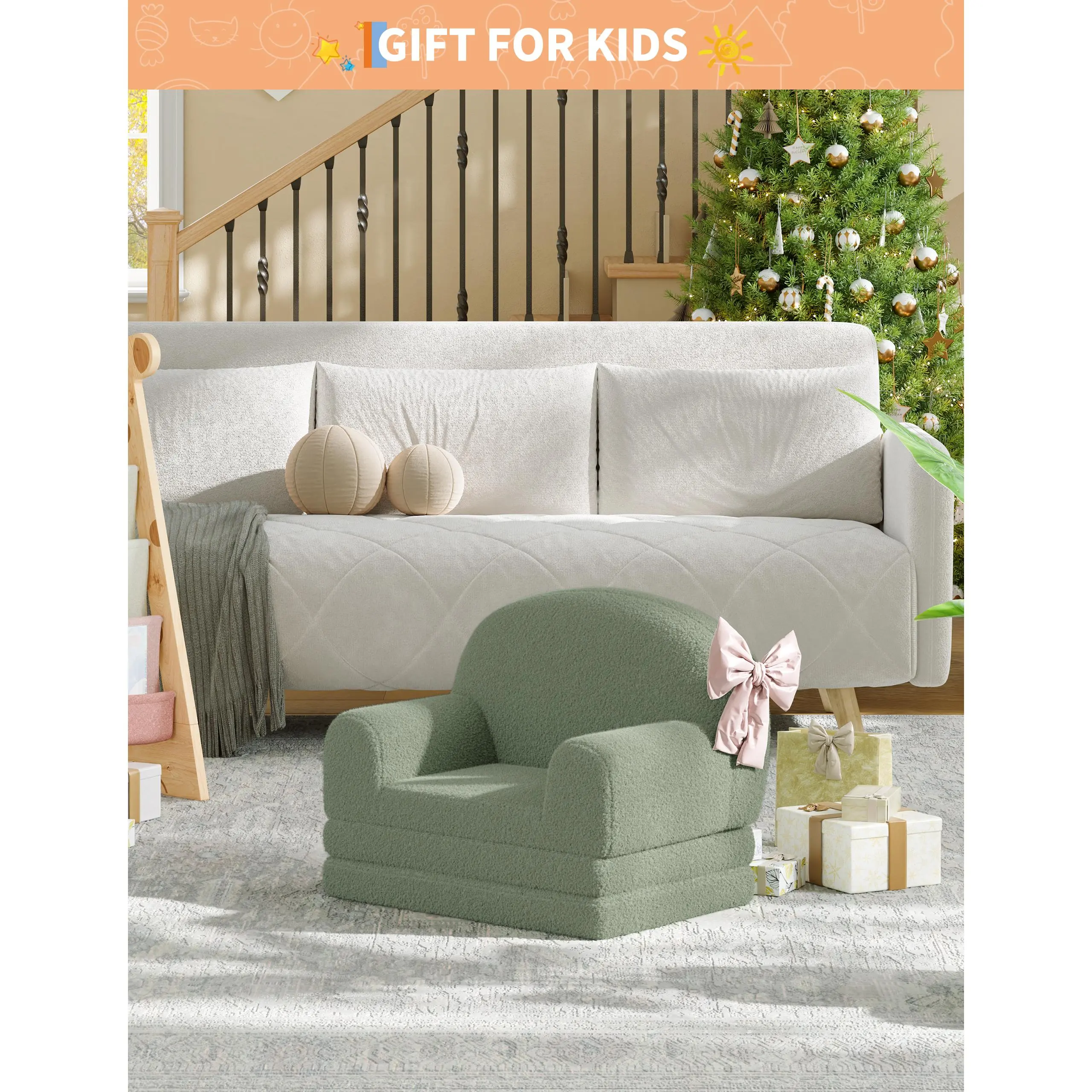 Multifunctional Toddler Sofa Bed, Convertible Fold Out Lounger for Playroom, Soft Plush Kids Furniture for Sleeping and Sitting