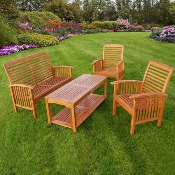 Outdoor 4-Piece Acacia Wood Patio Conversation Set with Cushioned Seats, Comfortable Outdoor Furniture Set
