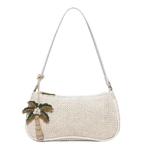 Simple Woven Underarm Bag with Charms, Ocean Animal Decorative Pendant with Beaded Chain, Summer Purse Shoulder Bag, Beachside Resort Style, Women's Zipper Hobo Bag, Suitable for Daily and Vacation Use