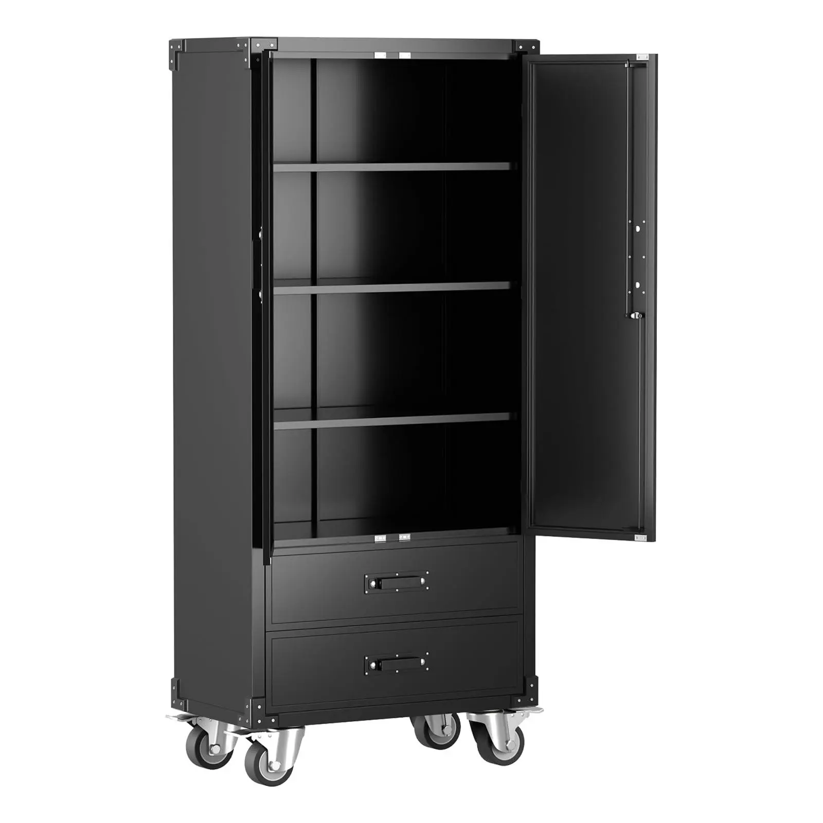 Metal Garage Storage Cabinet,71 in Heavy Duty Cold Rolled Steel 2 Door Tool Cabinet with 2 Drawers 3 Adjustable Shelves & 4 Lockable Wheels for Garage,Workshop,Basement Storage(Black)