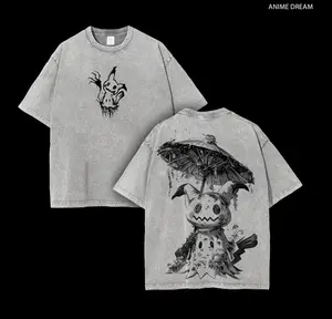 Mimikyu PKM Anime Double Printed Vintage Washed Tee Unisex Oversize Anime Manga Washed Heavyweight Cotton T-shirt, Gift For Anime Fan, Anime Lover