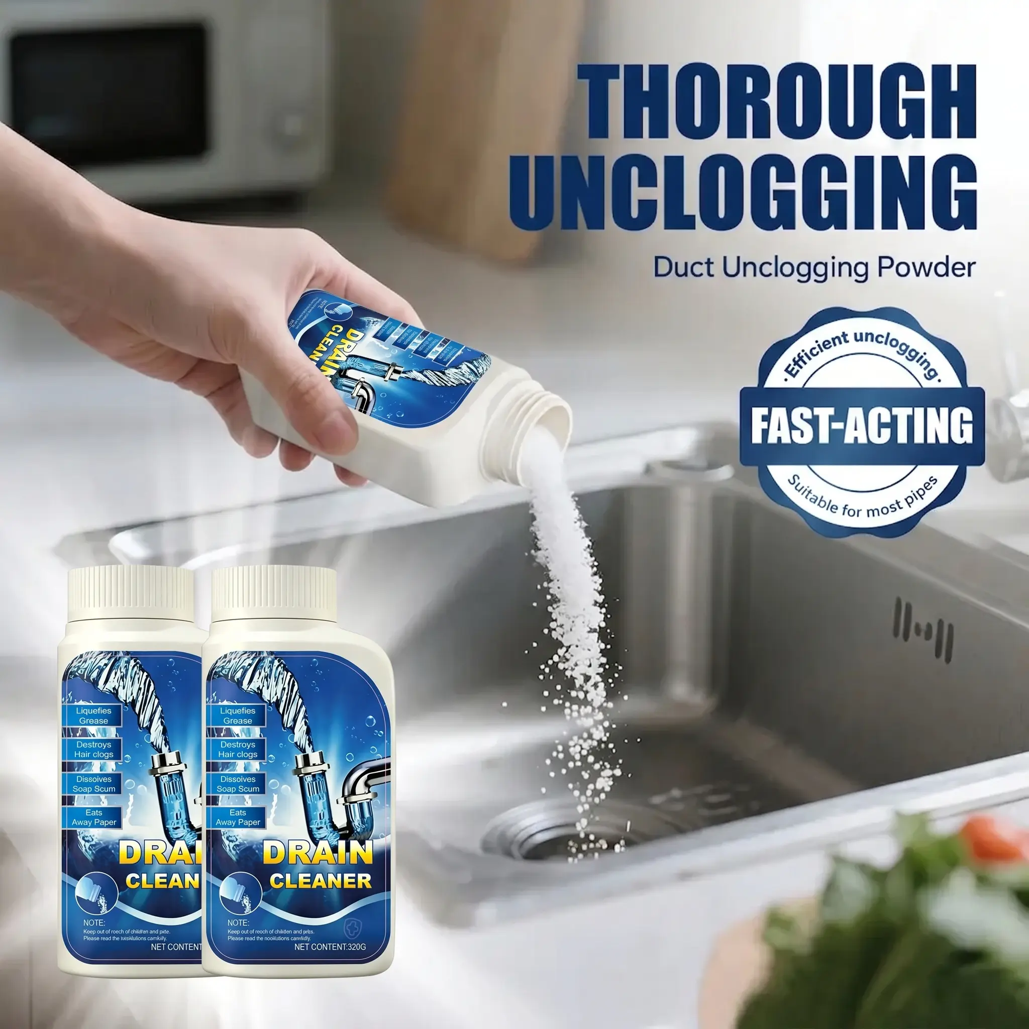 1/2/3/4/6/12 pcs of powerful pipe opener, drain opener, household cleaner, kitchen and bathroom sewer dredging powder, sewer dredging artifact, quick dissolution, deodorization and anti-clogging, quick dredging, suitable for most pipes