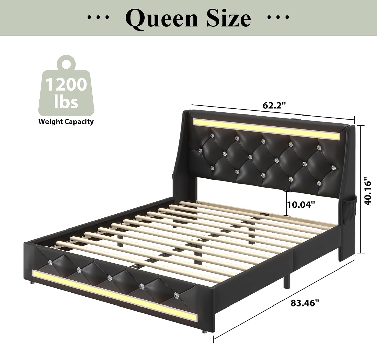Queen Bed Frame with Optional Mattress, Upholstered Platform Bed with LED Lighting, Storage Drawers Available, Silent & No Box Spring – Cama queen con colchón